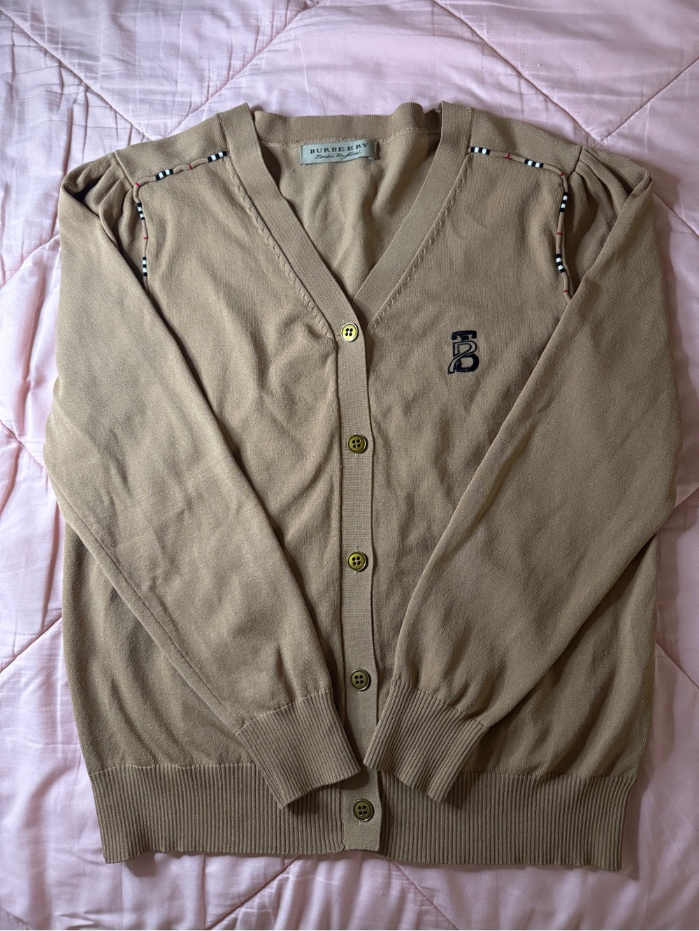 Burberry Men's Beige Button-Up V-Neck Cardigan with Monogram